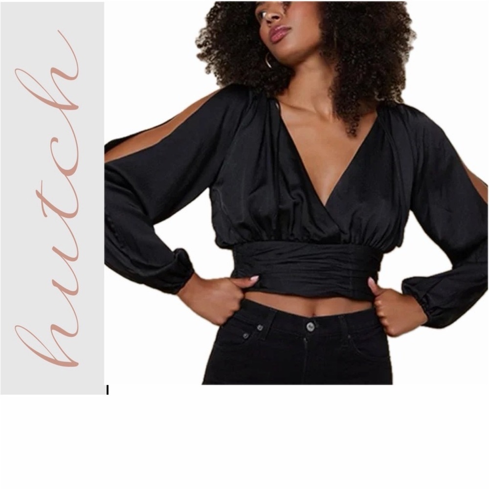 Hutch Blouse Crop Key Hole Sleeve Black Ruched Back Sz M Quiet Luxury Whimsigoth